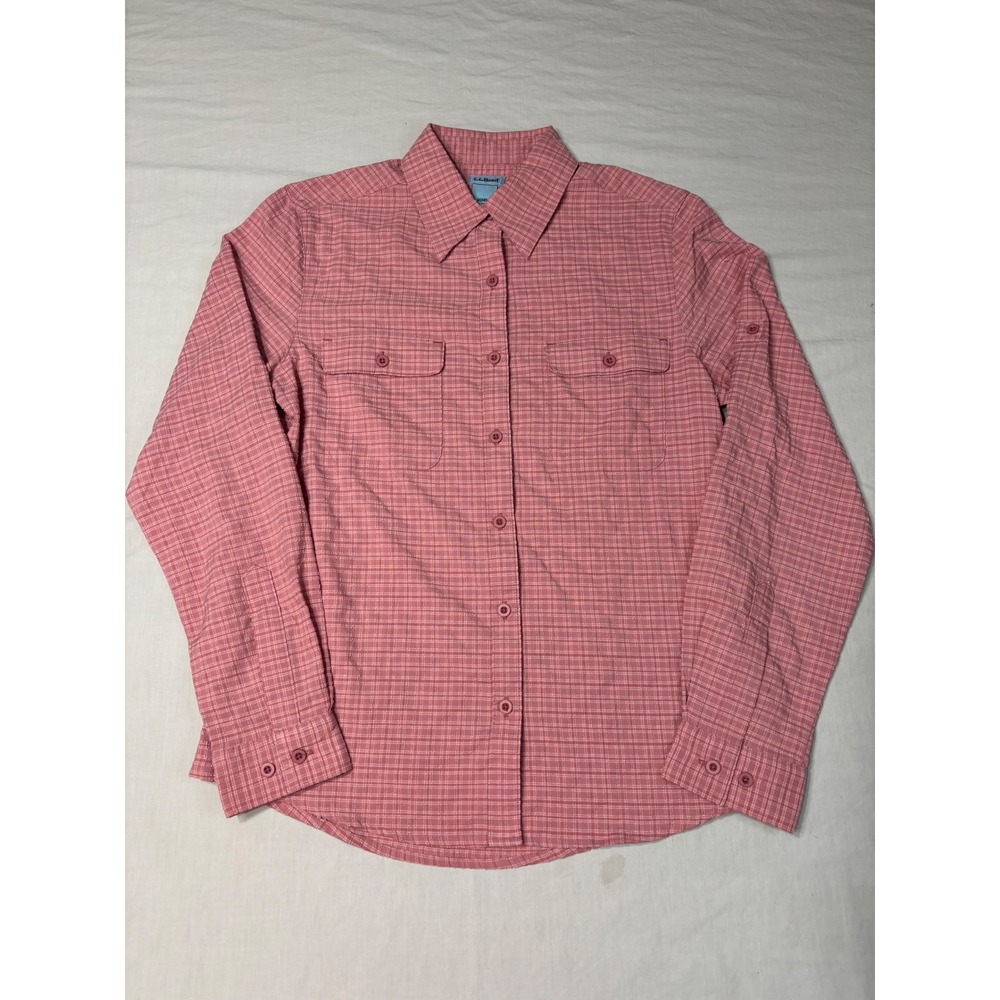LL Bean Womens Pink Plaid Roll Tab Long Sleeve Hiking Shirt Small 0YT72
